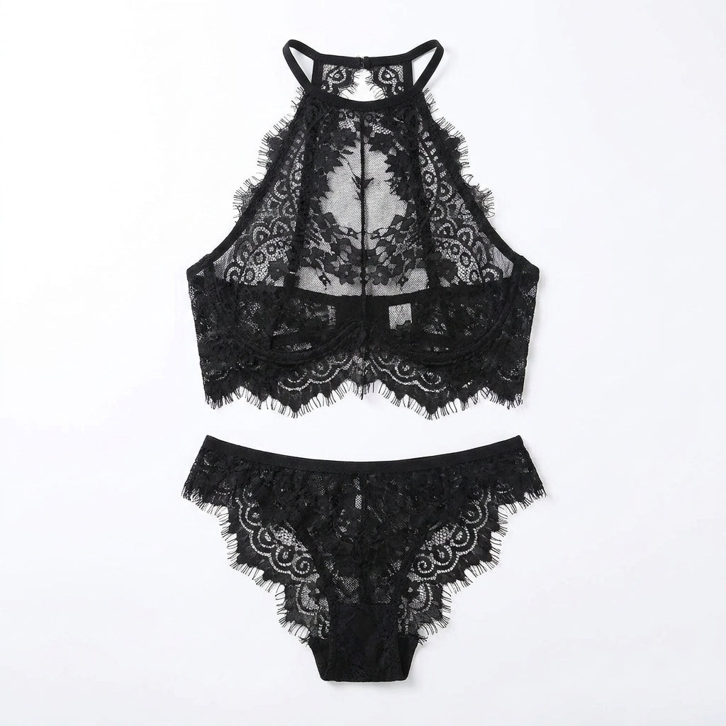 Embroidered Halter Bra and Panty Set