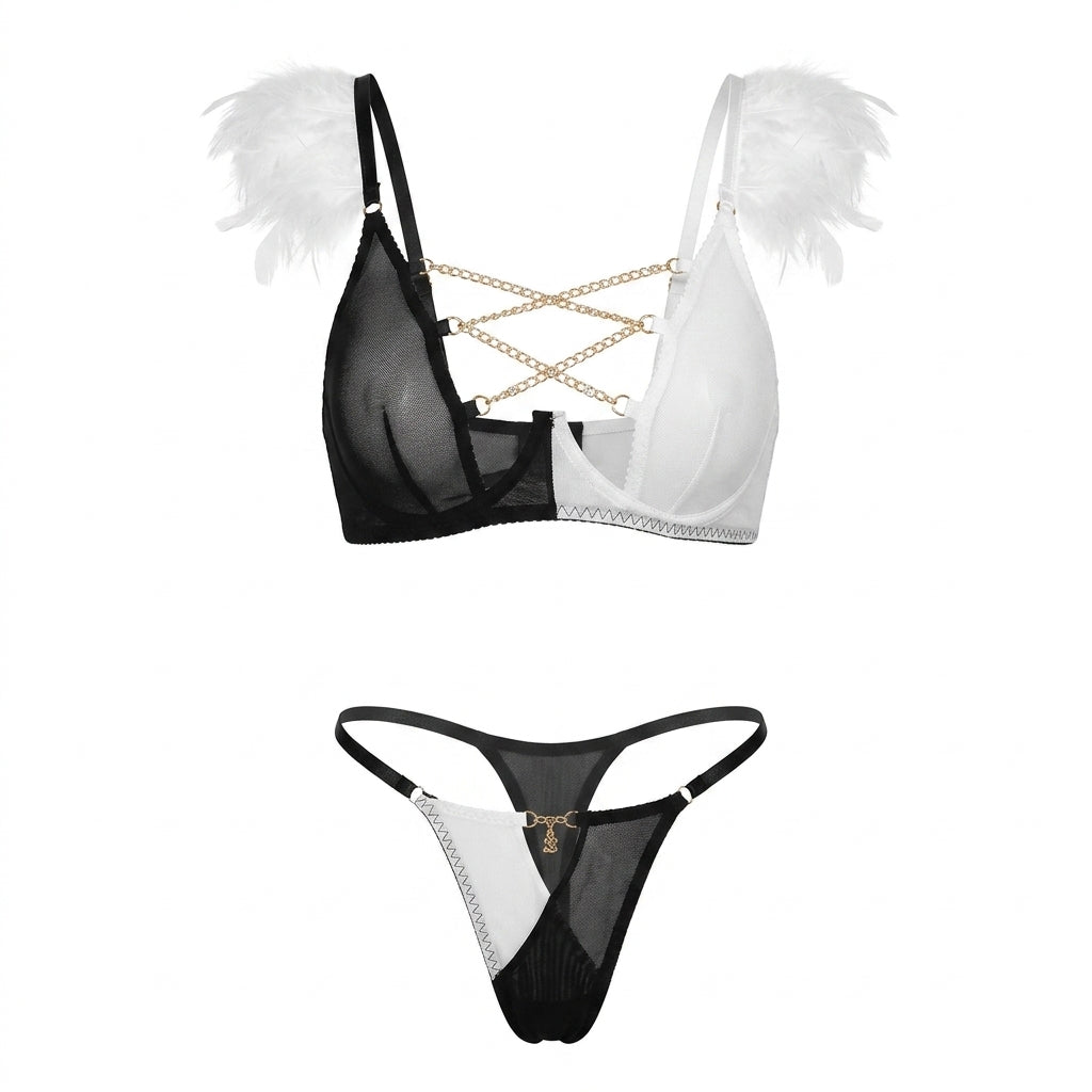 Feather Trim Sheer Mesh Bra and Panty Set