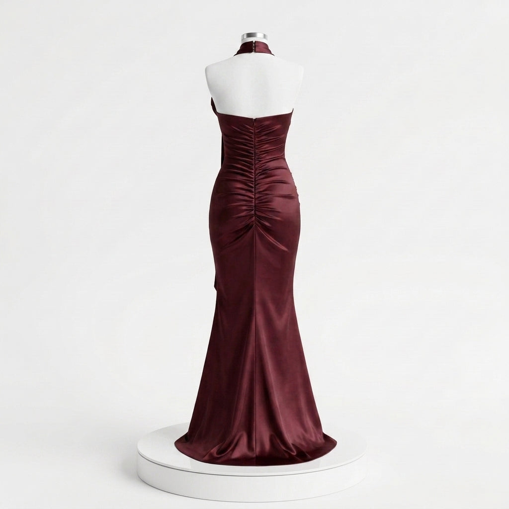Satin One Shoulder Flower Detail Maxi Dress