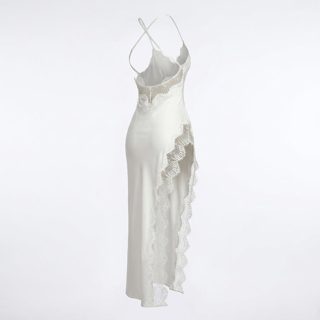 Satin Lace Trim Side Slit Midi Slip Dress