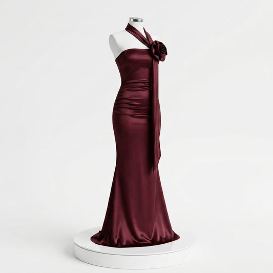 Satin One Shoulder Flower Detail Maxi Dress