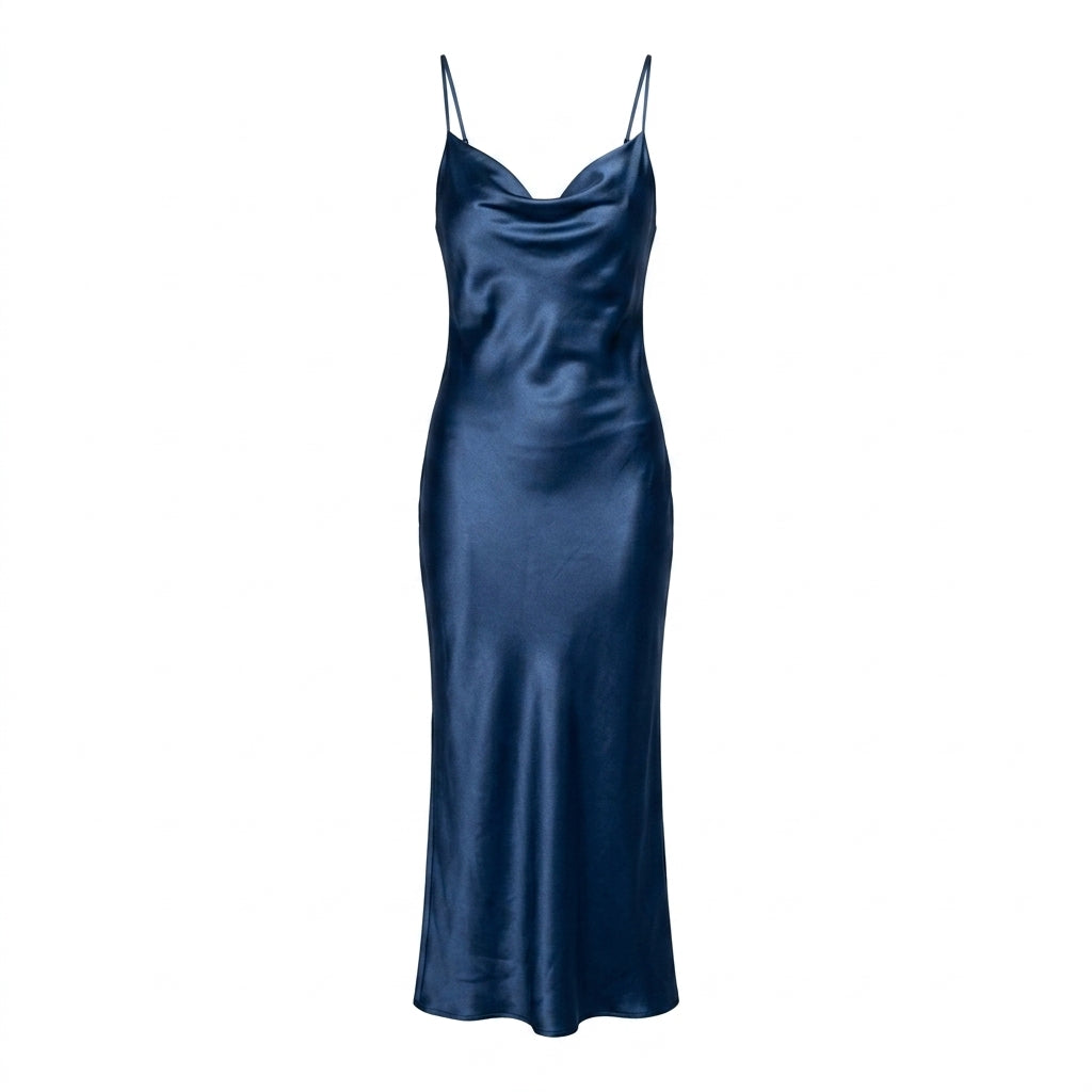 Satin Cowl Neck Slip Cocktail Maxi Dress