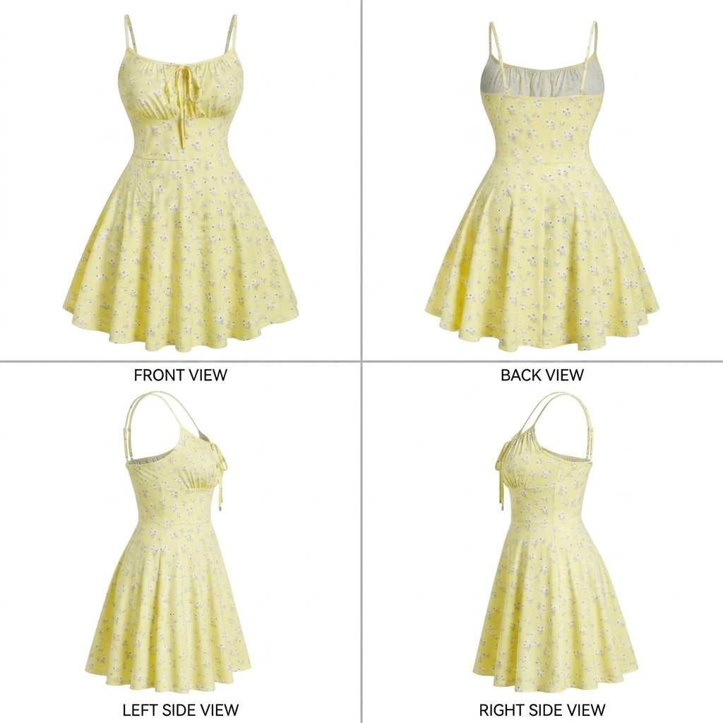 Floral Print Spaghetti Strap Tie Front A Line Mini Dress