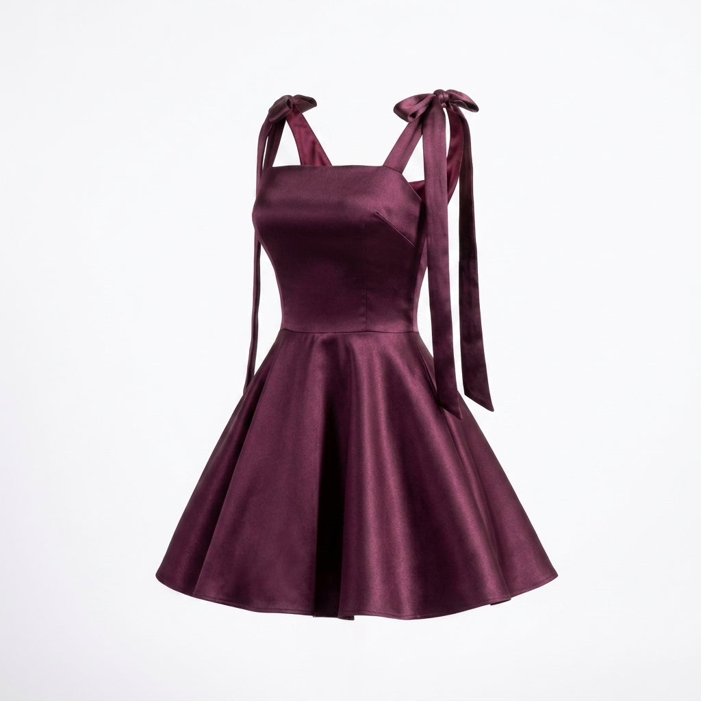 Satin Tie Shoulder Square Neck Flare Mini Dress