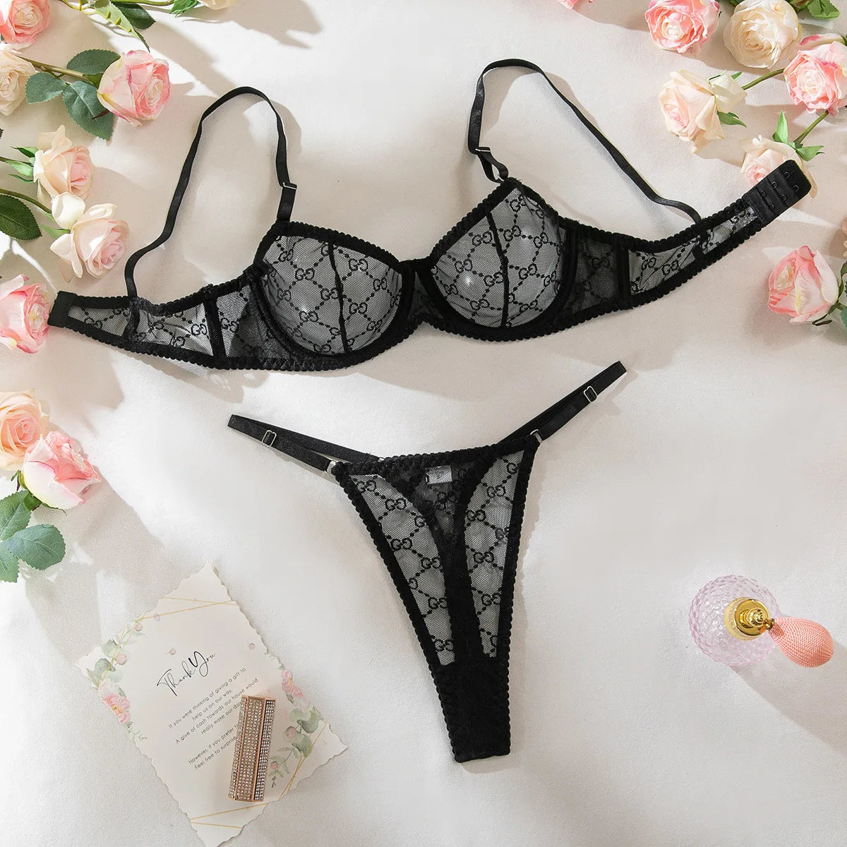 Embroidered Mesh Underwire Bra and Panty Set