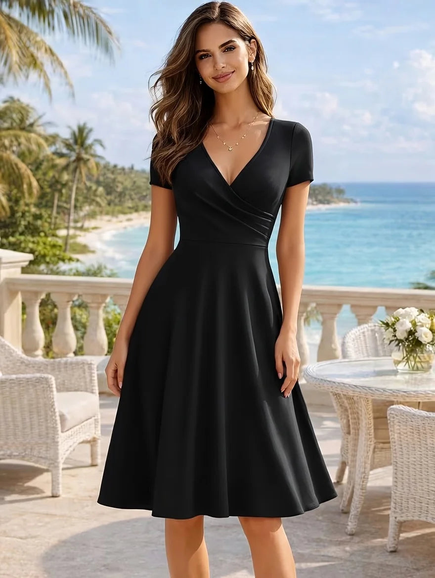 V Neck Cap Sleeve Wrap Front A Line Midi Dress