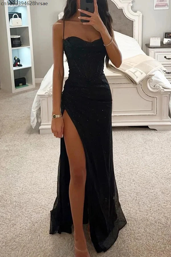 Spaghetti Strap Cowl Neck Corset Glitter High Slit Maxi Dress