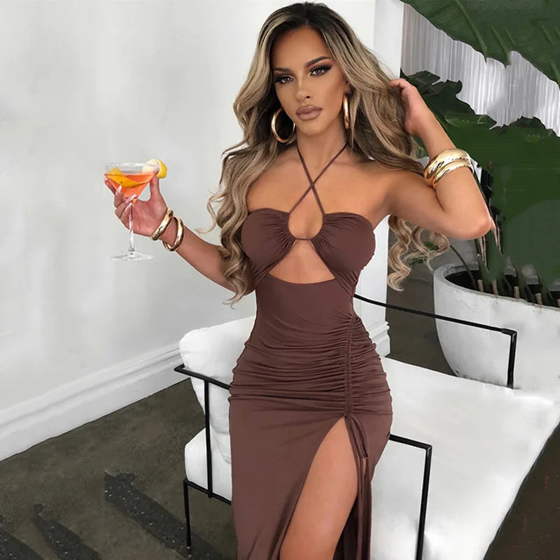 Halter Neck Cutout Ruched Side Slit Midi Dress