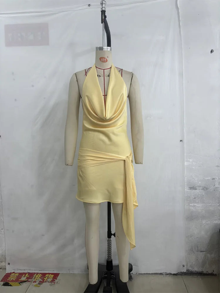 Satin Cowl Neck Halter Tie Side Mini Dress