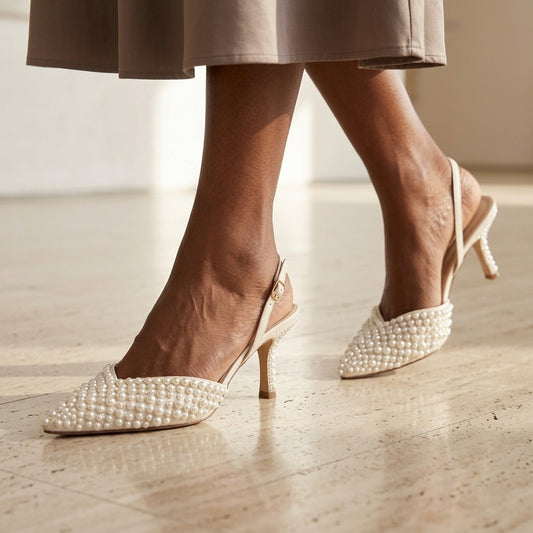 Amara Pearl Embellished Mesh Slingback Heels