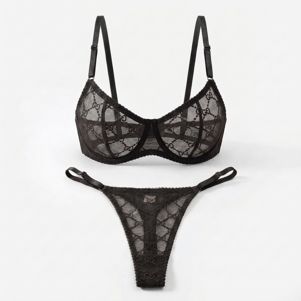 Embroidered Mesh Underwire Bra and Panty Set