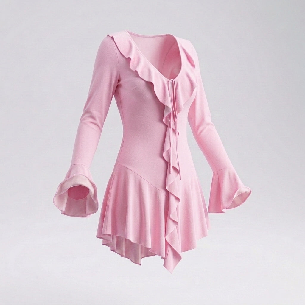 Long Sleeve Ruffle Trim Tie Front Mini Dress