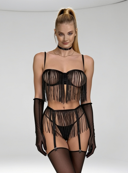 Tassel Sheer Garter Lingerie Set 8 Piece Collection
