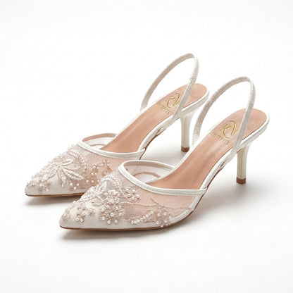 Estelle Embroidered Floral Mesh Slingback Heels