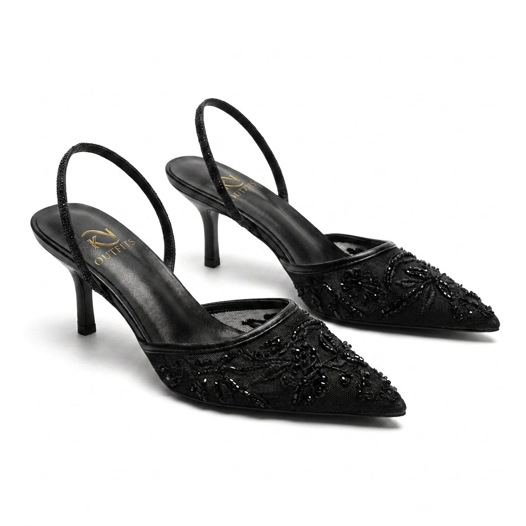 Estelle Embroidered Floral Mesh Slingback Heels