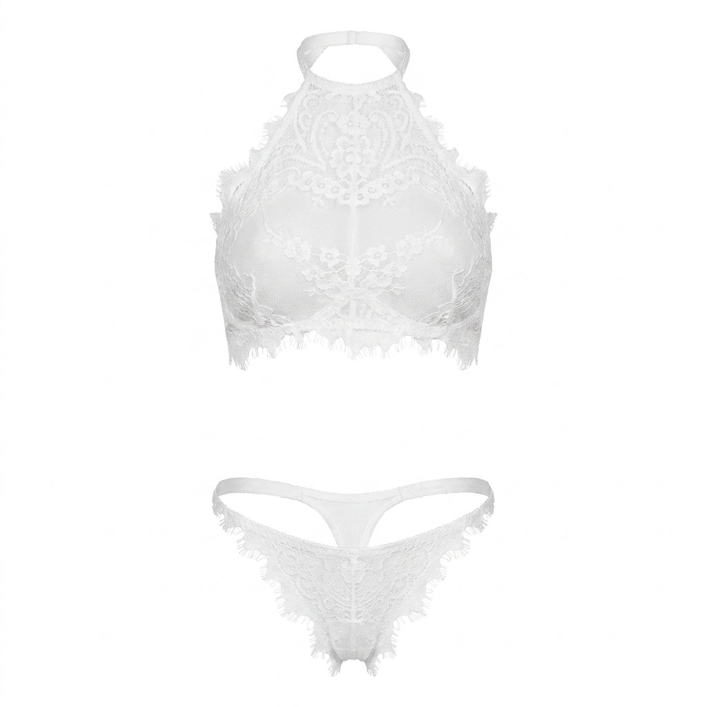 Embroidered Lace Halter Bra and Panty Set