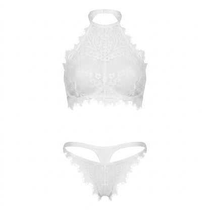 Embroidered Lace Halter Bra and Panty Set