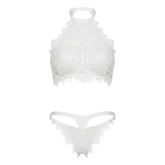 Embroidered Lace Halter Bra and Panty Set