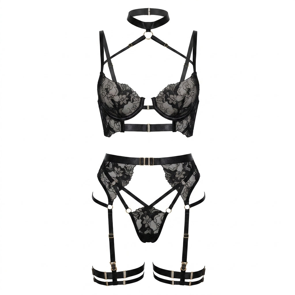Embroidered Criss Cross Mesh Lingerie Set 4 Piece Collection