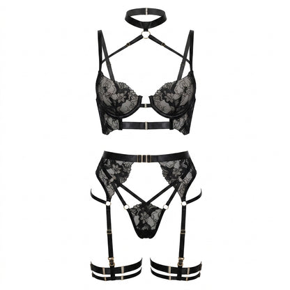 Embroidered Criss Cross Mesh Lingerie Set 4 Piece Collection