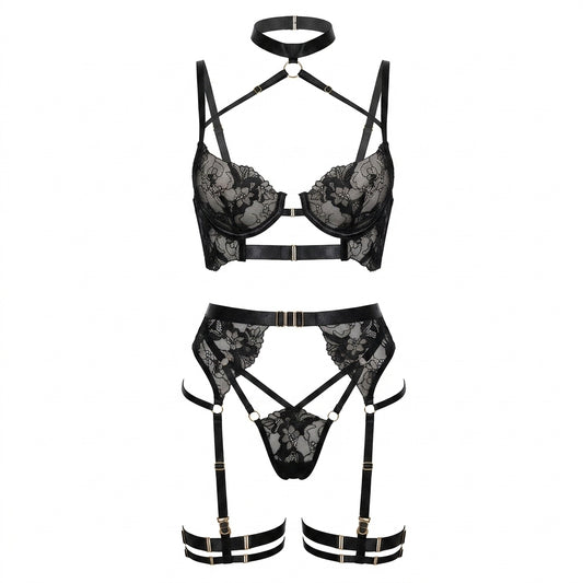 Embroidered Criss Cross Mesh Lingerie Set 4 Piece Collection