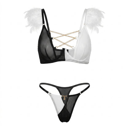 Feather Trim Sheer Mesh Bra and Panty Set