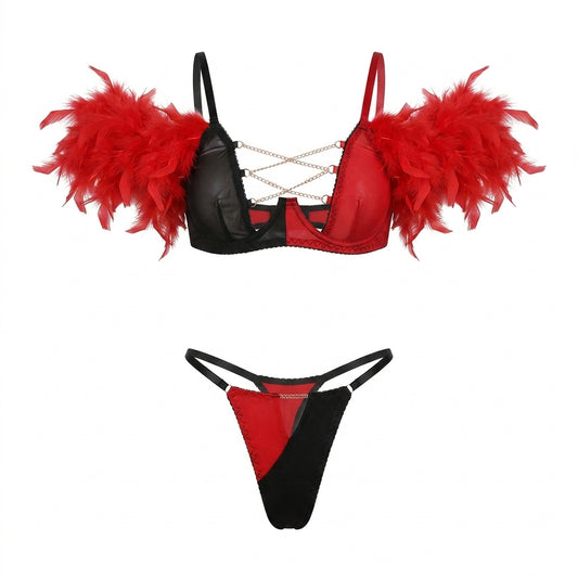 Feather Trim Sheer Mesh Bra and Panty Set