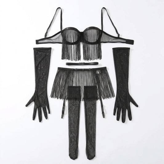 Tassel Sheer Garter Lingerie Set 8 Piece Collection