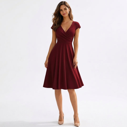 V Neck Cap Sleeve Wrap Front A Line Midi Dress