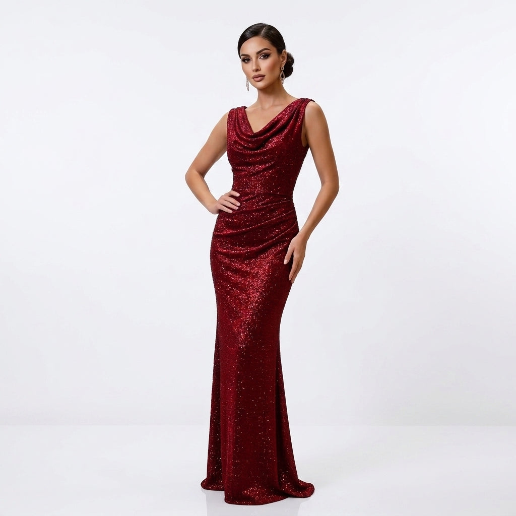 Cowl Neck Sleeveless Glitter Ruched Side Slit Maxi Dress