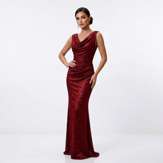 Cowl Neck Sleeveless Glitter Ruched Side Slit Maxi Dress