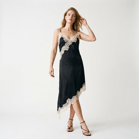 Spaghetti Strap Lace Trim Asymmetric Hem Slip Mini Dress