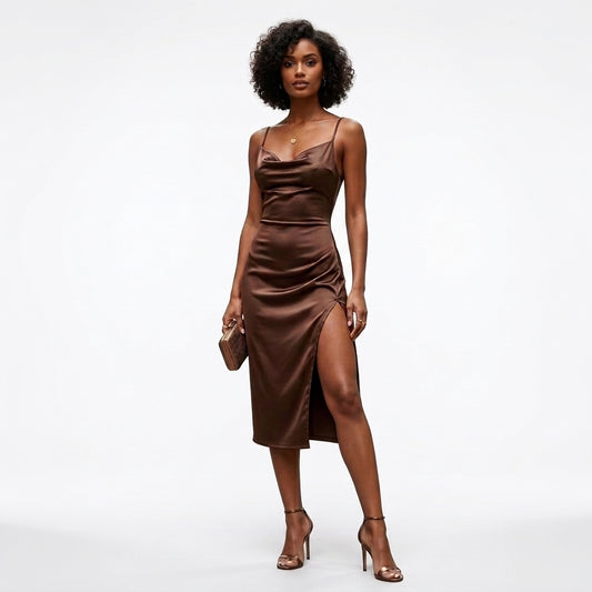 Satin Cowl Neck Ruched Side Slit Mini Dress