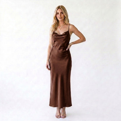 Satin Cowl Neck Slip Cocktail Maxi Dress