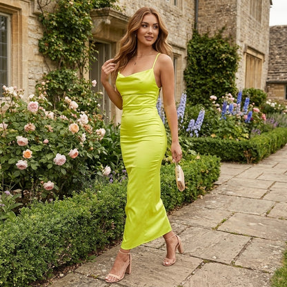 Satin Cowl Neck Backless Bodycon Midi Dress