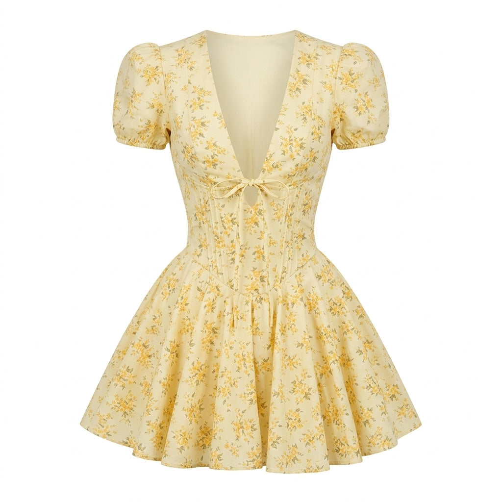 Yellow Floral Puff Sleeve Dress