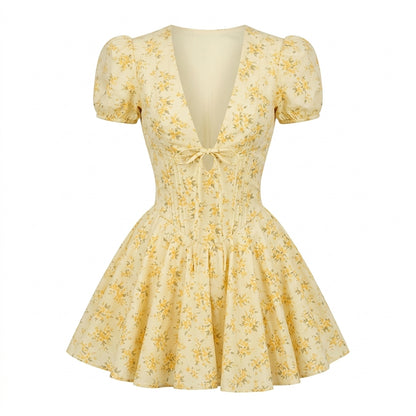 Yellow Floral Puff Sleeve Dress