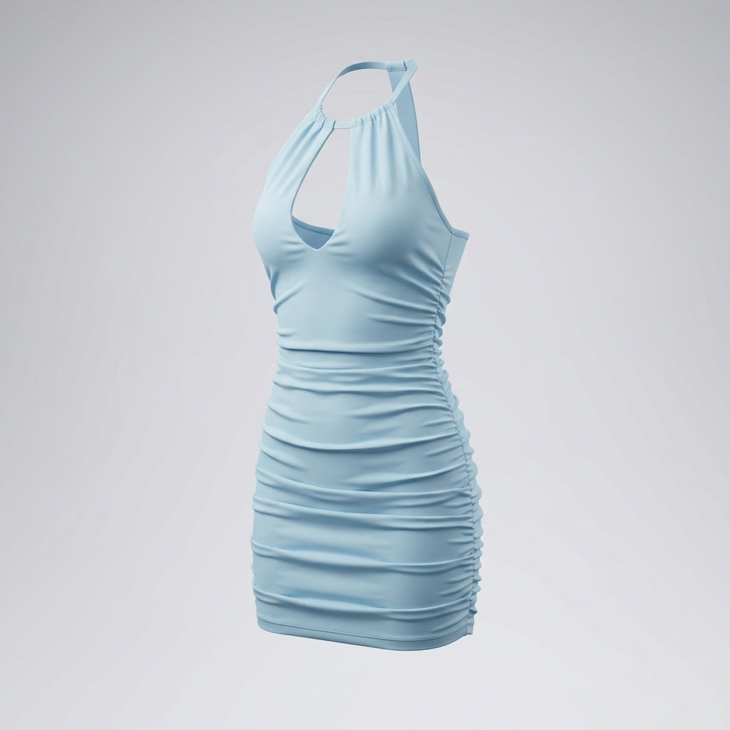 Halter Neck Front Cutout Ruched Bodycon Mini Dress
