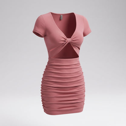 Short Sleeve Twist Front Cutout Ruched Mini Dress