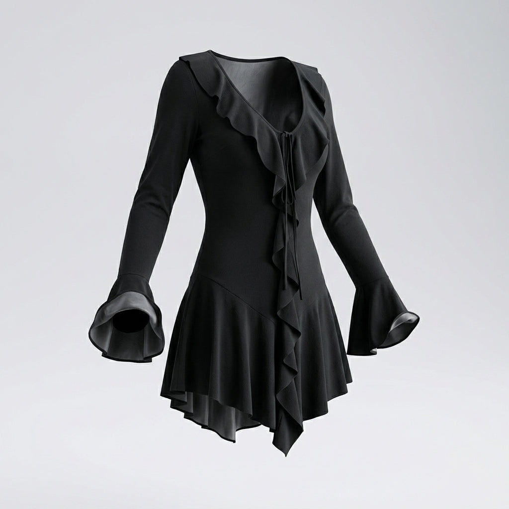 Long Sleeve Ruffle Trim Tie Front Mini Dress