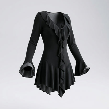 Long Sleeve Ruffle Trim Tie Front Mini Dress