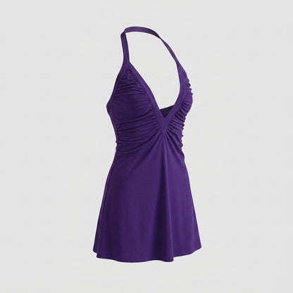 Deep V Neck Halter Ruched Bodycon Mini Dress
