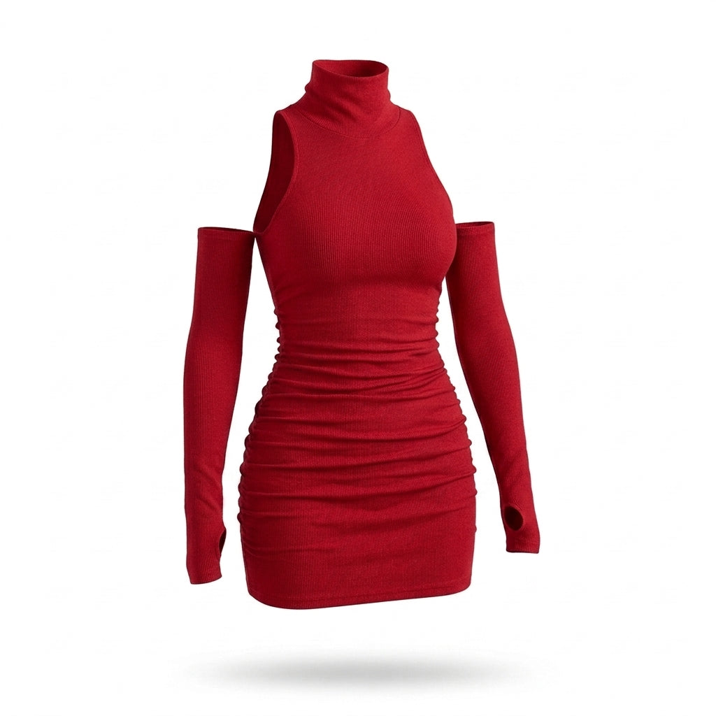 Ribbed Mock Neck Sleeveless Mini Dress with Matching Sleeves
