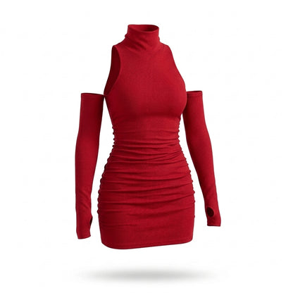 Ribbed Mock Neck Sleeveless Mini Dress with Matching Sleeves