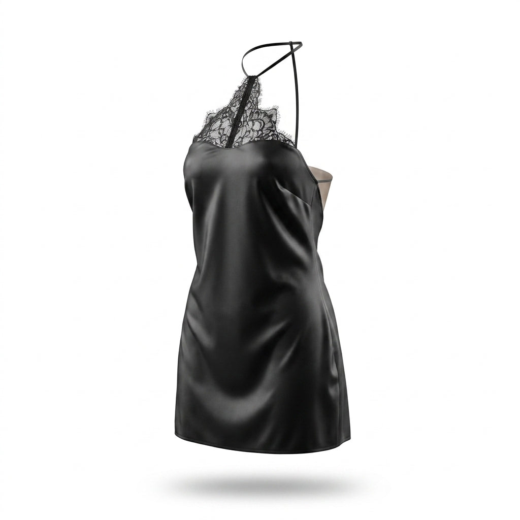 Satin Lace Trim Halter Neck Slip Mini Dress