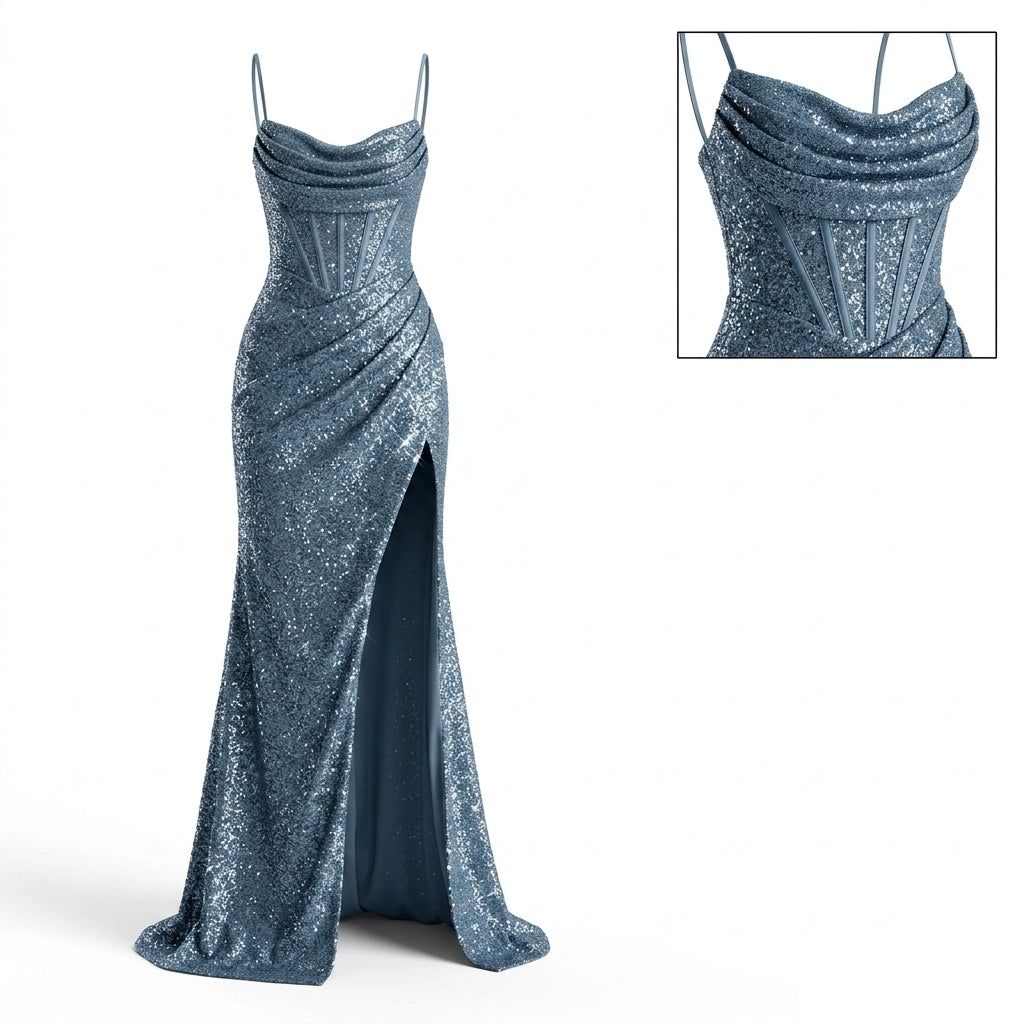 Spaghetti Strap Cowl Neck Corset Glitter High Slit Maxi Dress