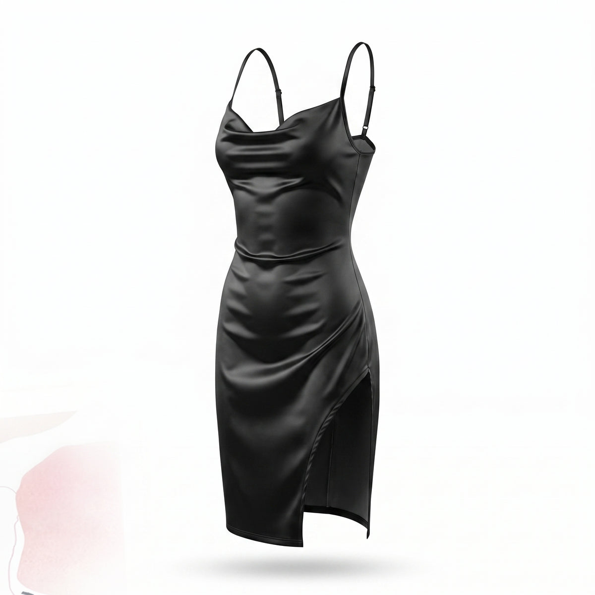 Satin Cowl Neck Ruched Side Slit Mini Dress