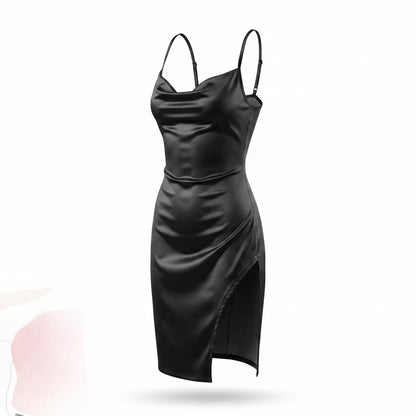 Satin Cowl Neck Ruched Side Slit Mini Dress
