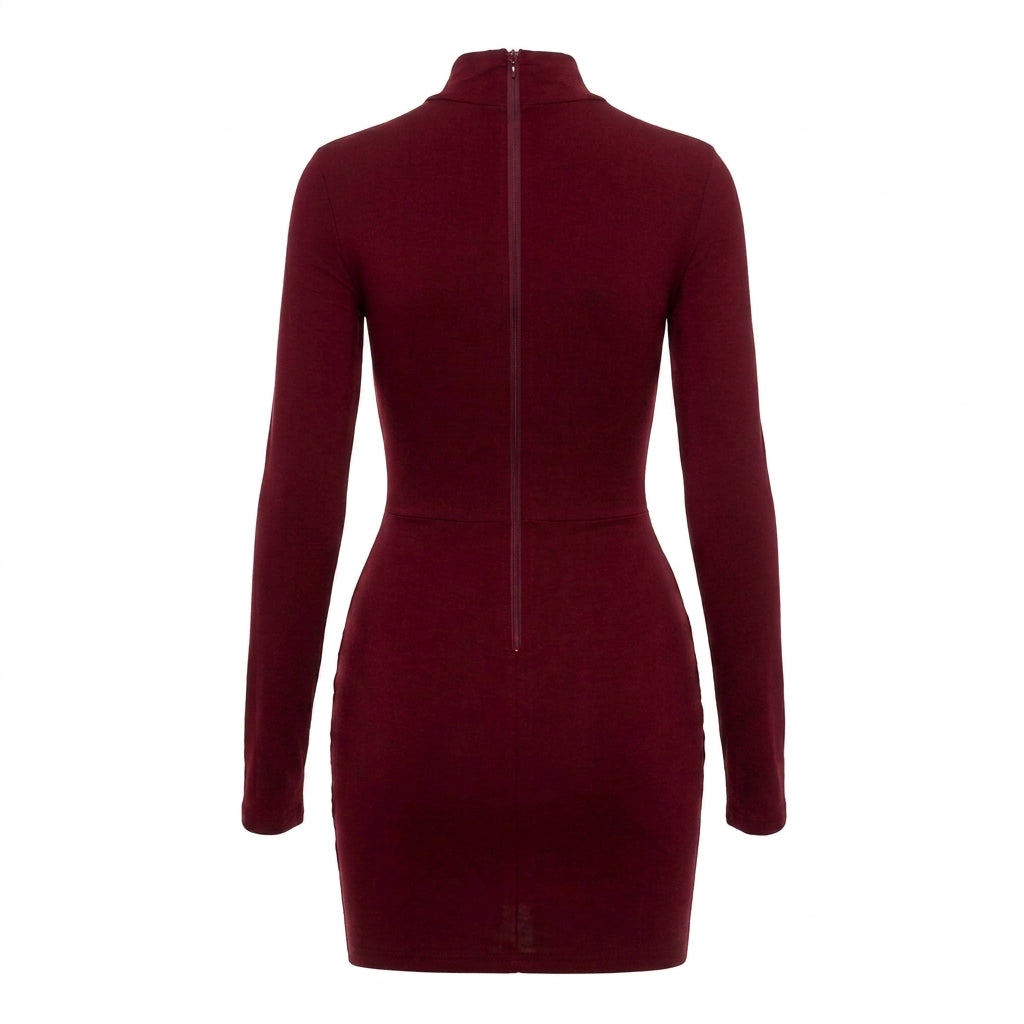 Long Sleeve Mock Neck Ruched Bodycon Mini Dress