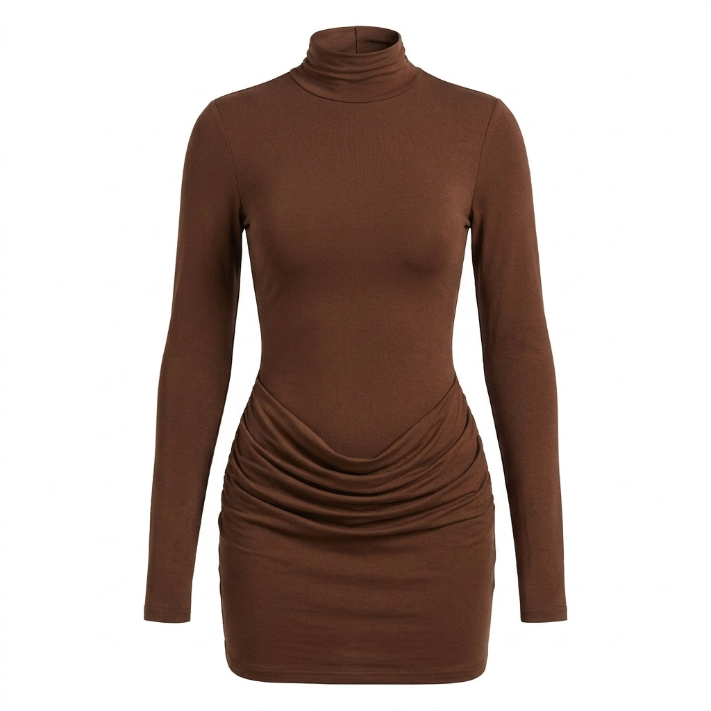 Long Sleeve Mock Neck Ruched Bodycon Mini Dress
